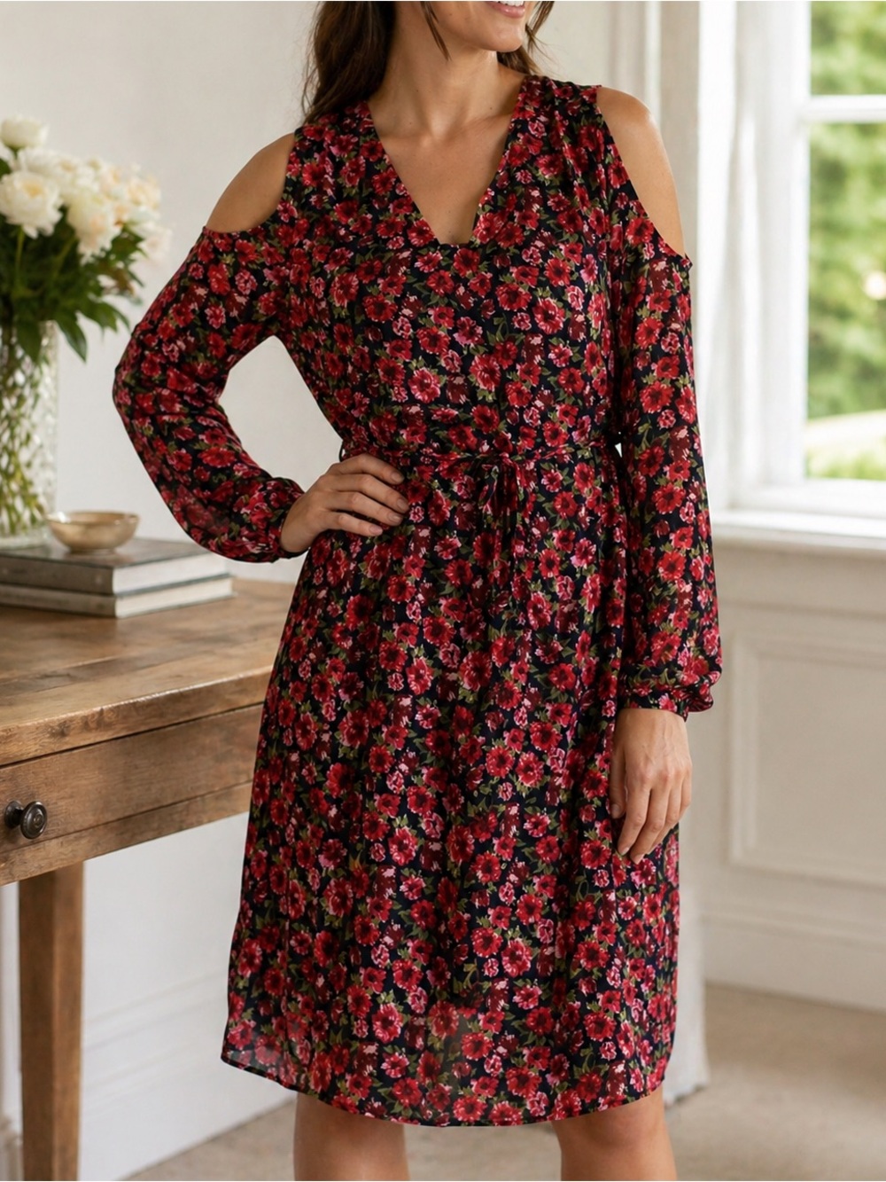 Lauren Ralph Lauren Black Red Floral Cold-Shoulder Long Sleeve Dress